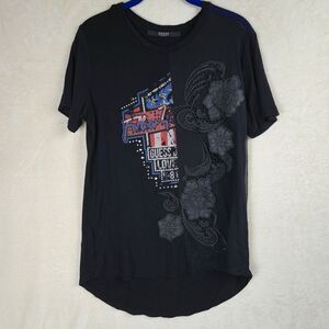 Guess Womens T-Shirt Size Small Sheer Embroidered Y2K 90s Biker Grunge USA‎